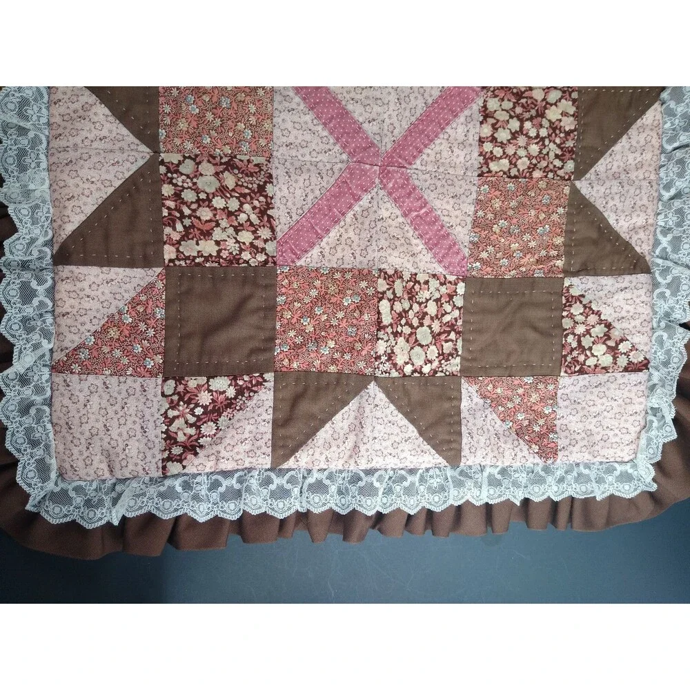 Vintage Quilt Pillow Cover Lace Ruffle Edging Brown Peach Floral for 14x14 inch